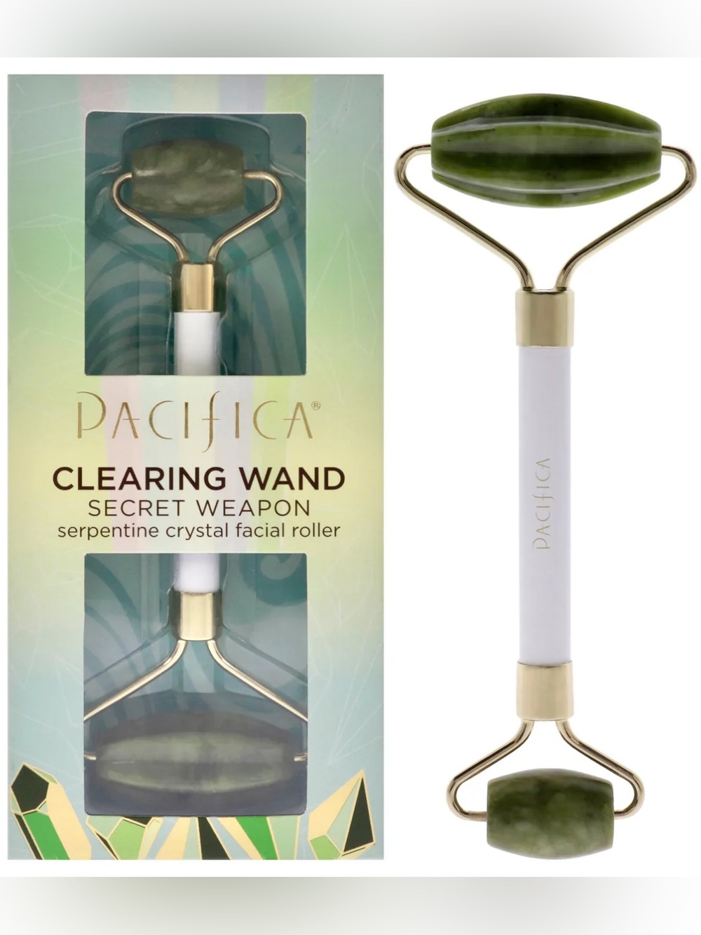 Pacifica Green Serpentine Crystal Facial Roller - Gold Accents